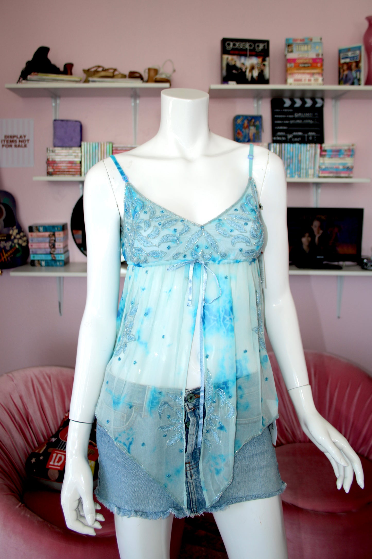 Blue Babydoll Silk Beaded Top