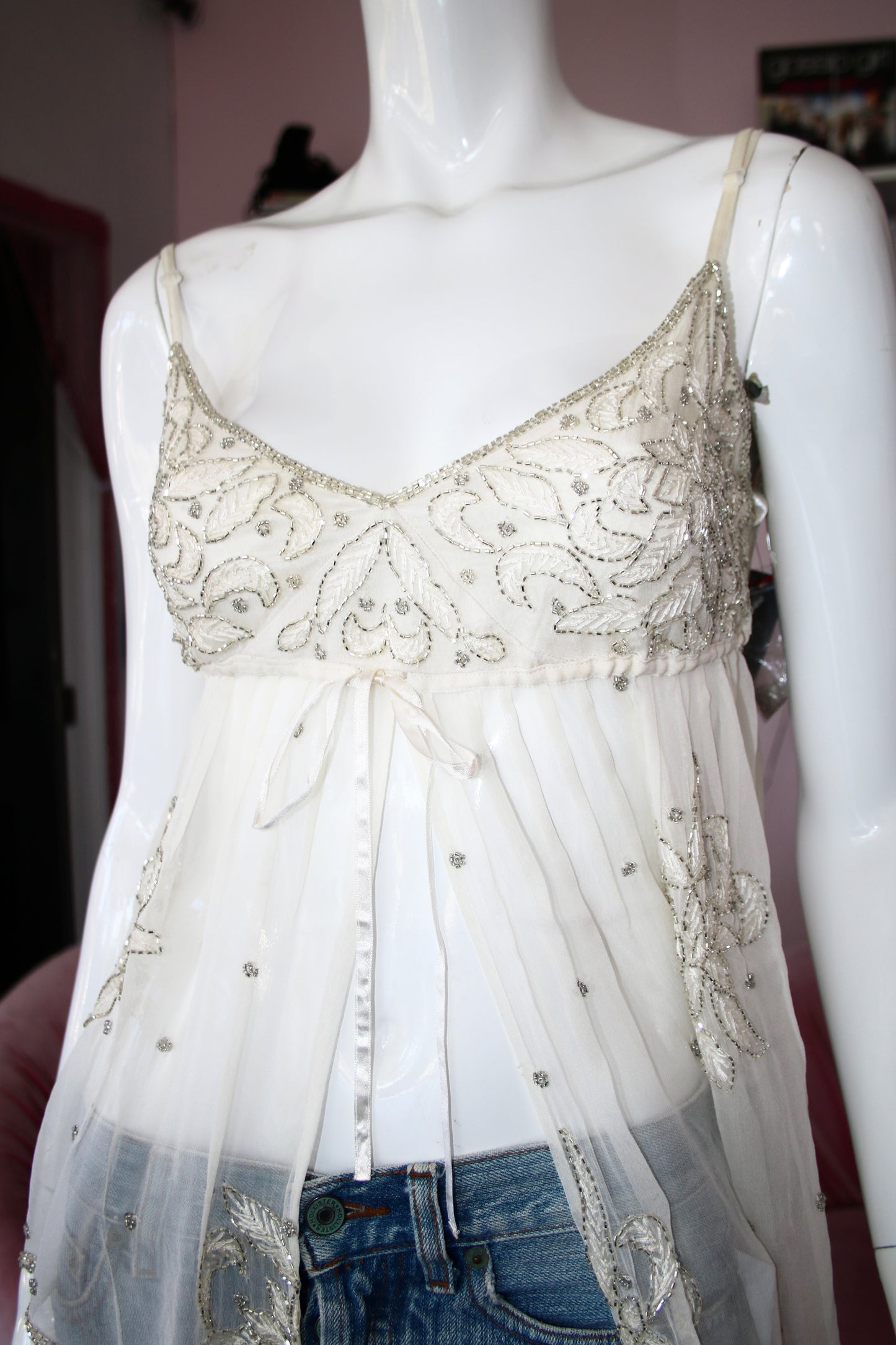 White Babydoll Silk Beaded Top