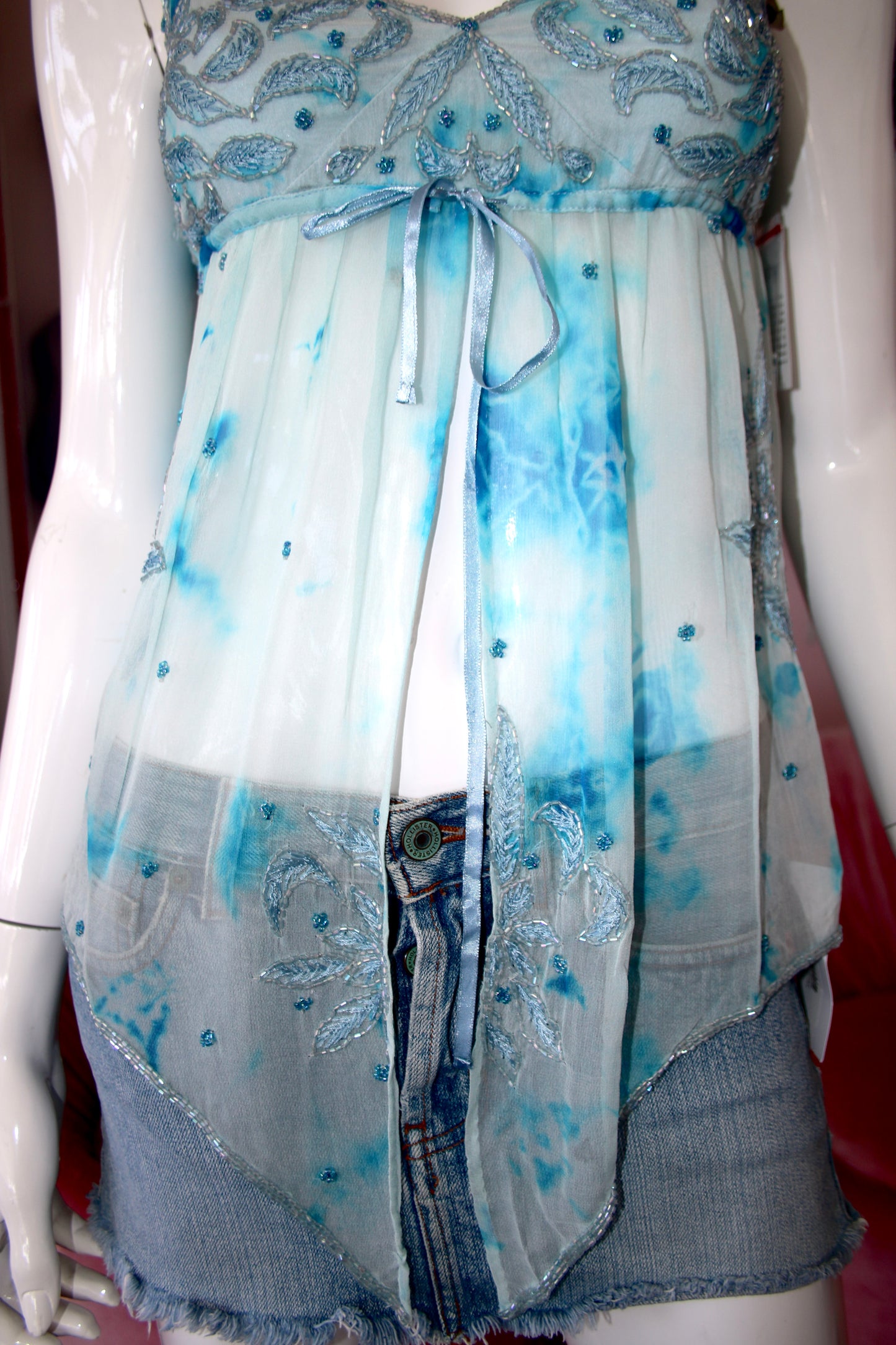 Blue Babydoll Silk Beaded Top