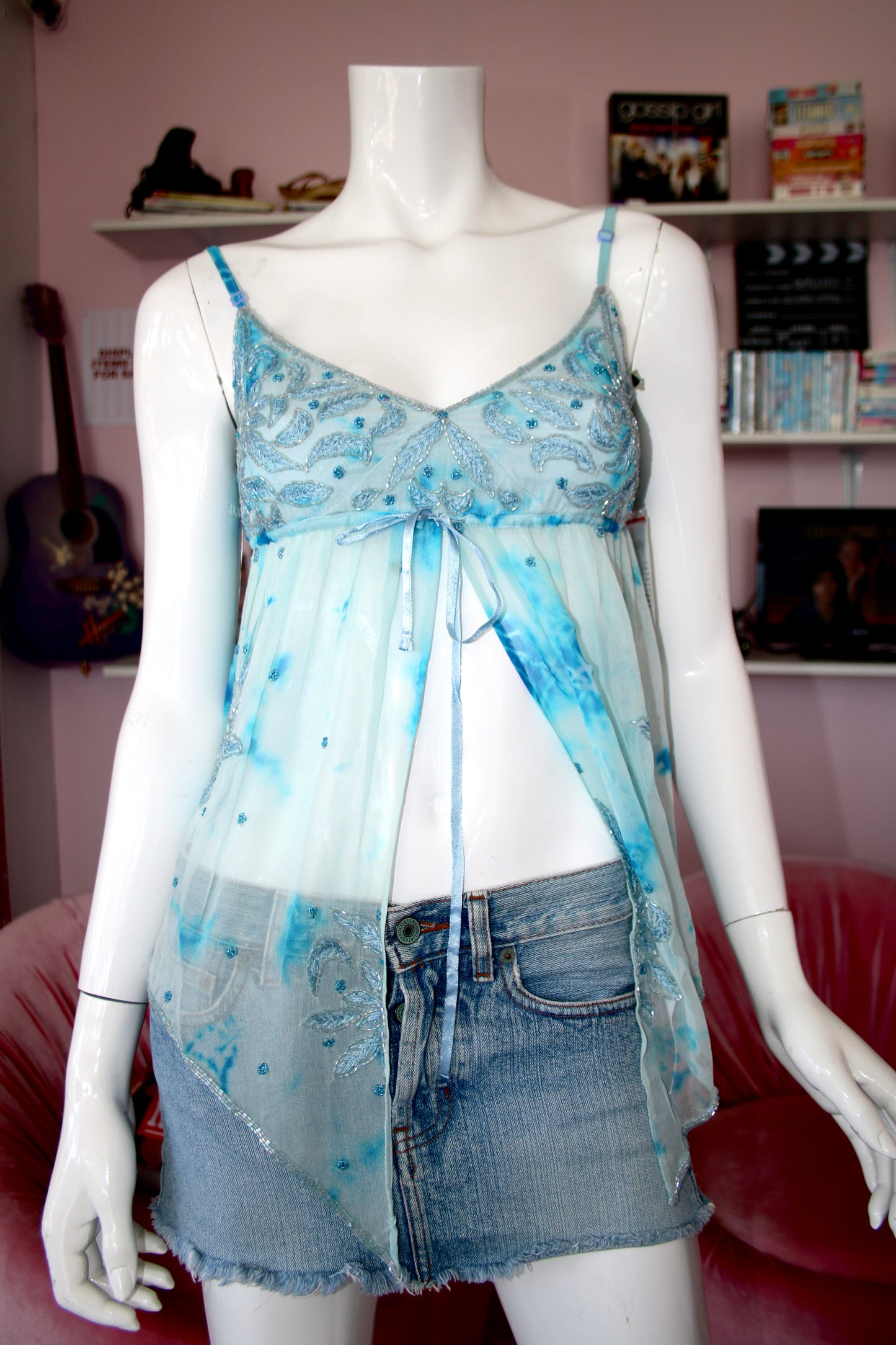 Blue Babydoll Silk Beaded Top