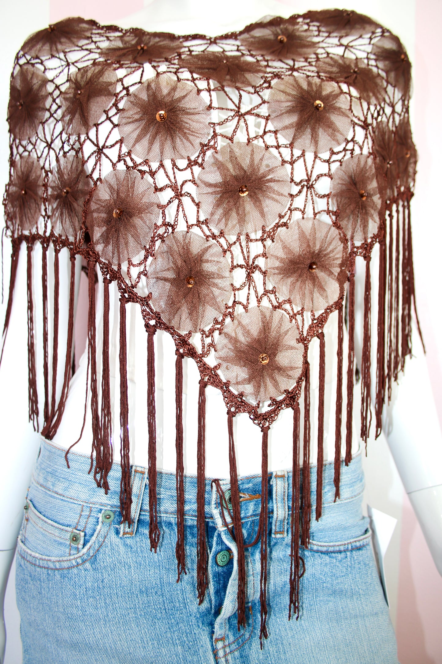 Brown Floral Sequin Poncho