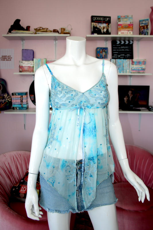 Blue Babydoll Silk Beaded Top