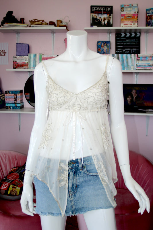 White Babydoll Silk Beaded Top