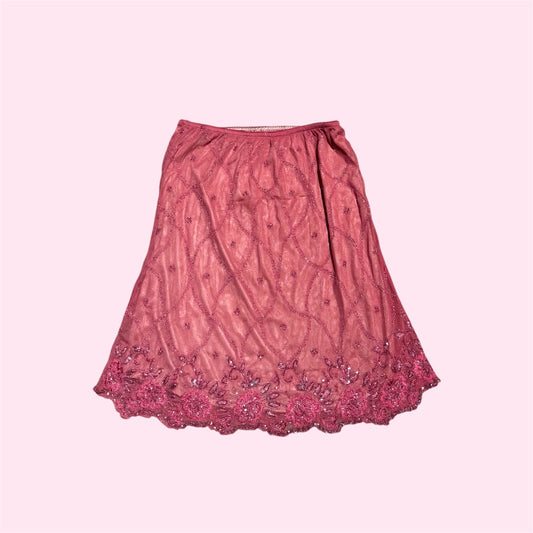 Hot Pink Mesh Beaded Midi Skirt